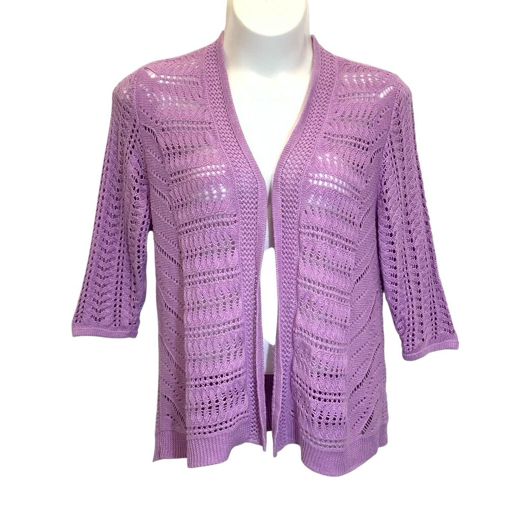 Christopher & Banks Cardigan Sweater Womens Size XL Lilac Purple Crochet Open